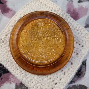 Vintage Amber Glass Coaster Embossed Floral Pattern 4.5" Decorative Dish